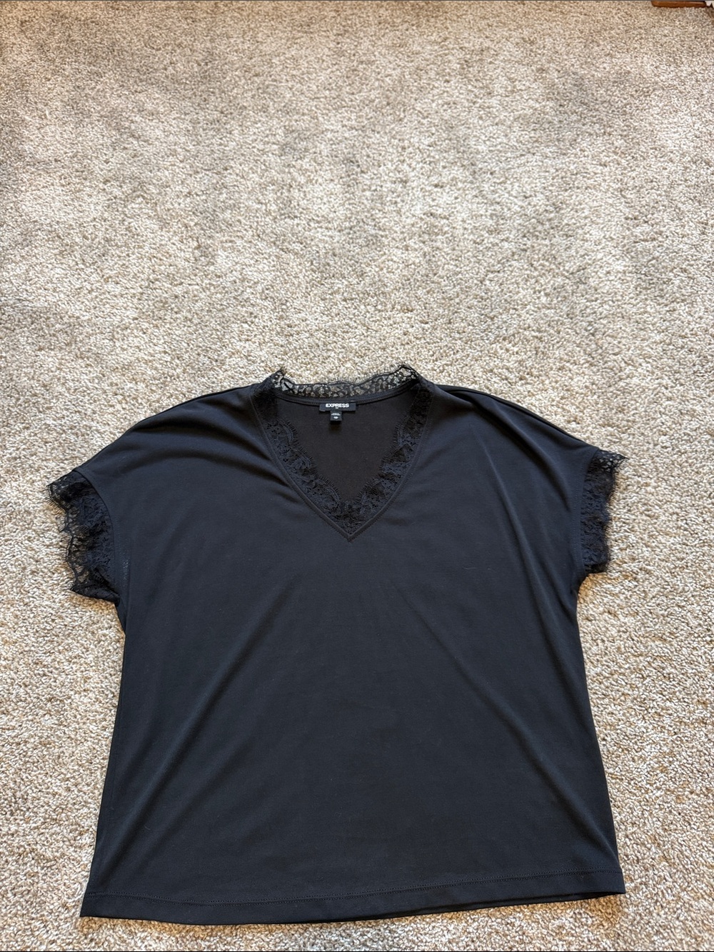 Express Black Lace-Trim V-Neck Top